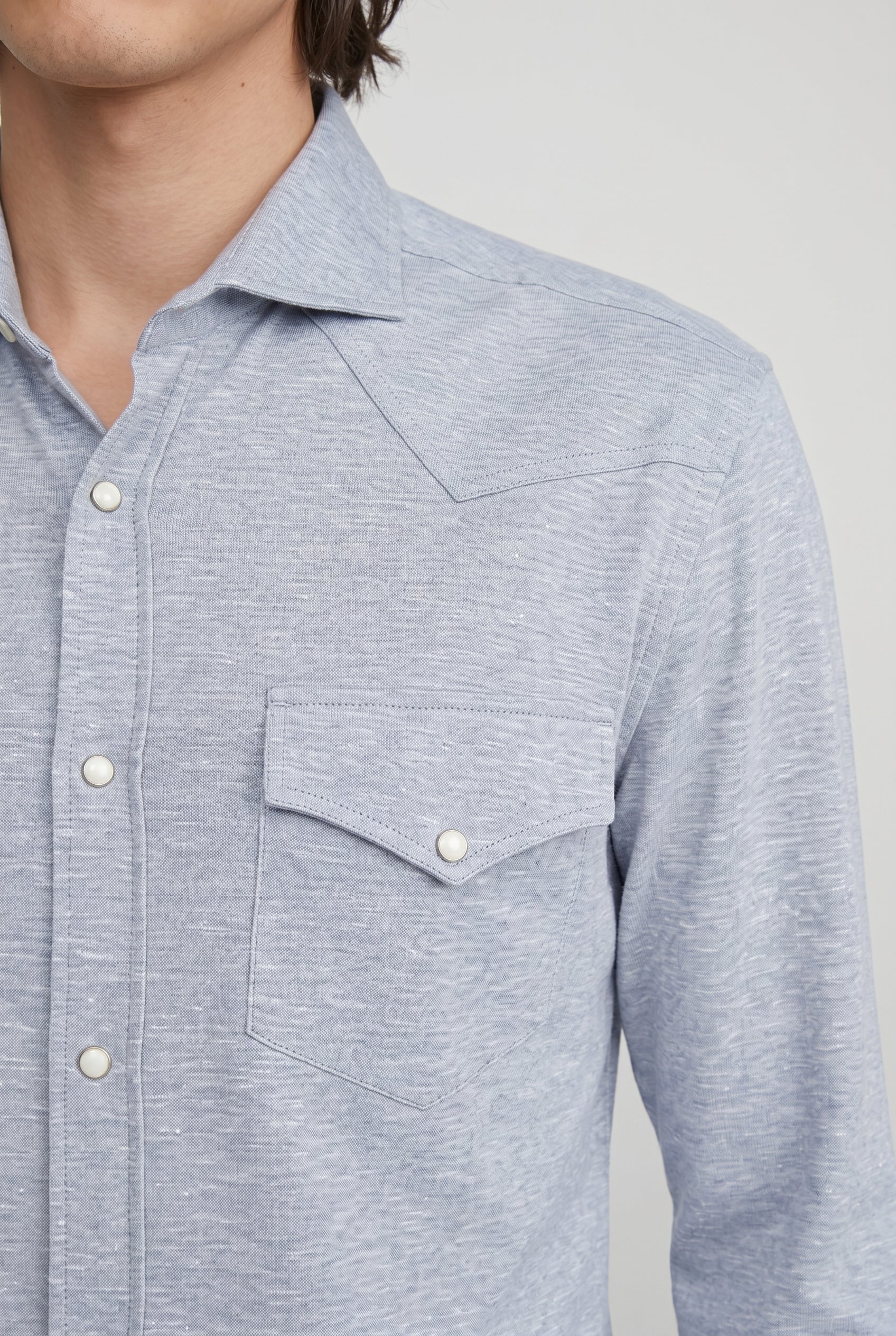 BRUNELLO CUCINELLI MEN'S LIGHT BLUE LINEN COTTON WESTERN SHIRT