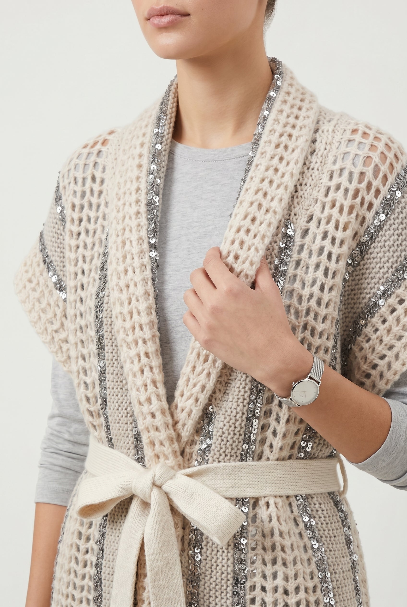 BRUNELLO CUCINELLI WOMEN'S BEIGE OPENWORK BELTED SWEATER