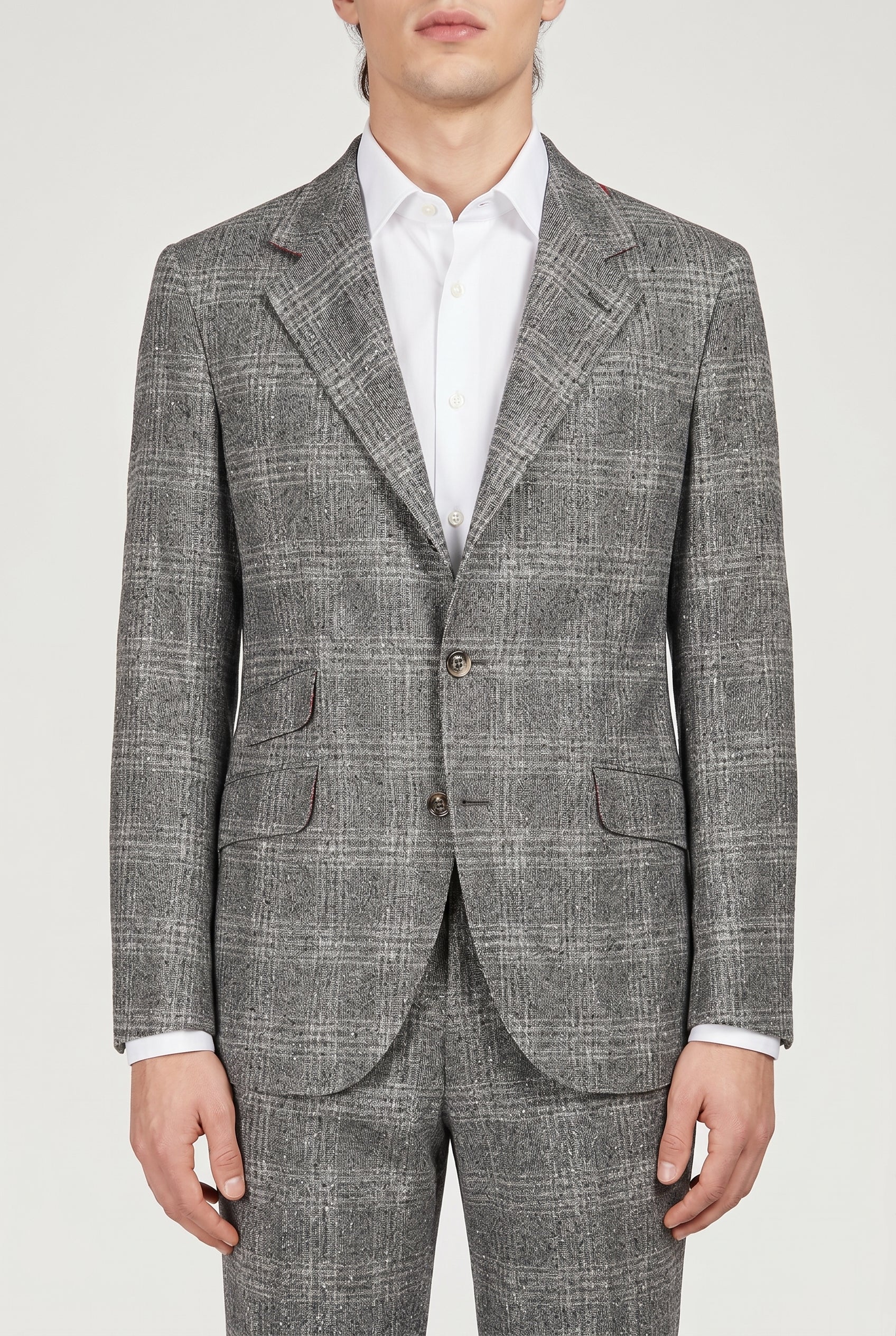 BRUNELLO CUCINELLI MEN'S MEDIUM GREY PLAID TAILORED SUIT