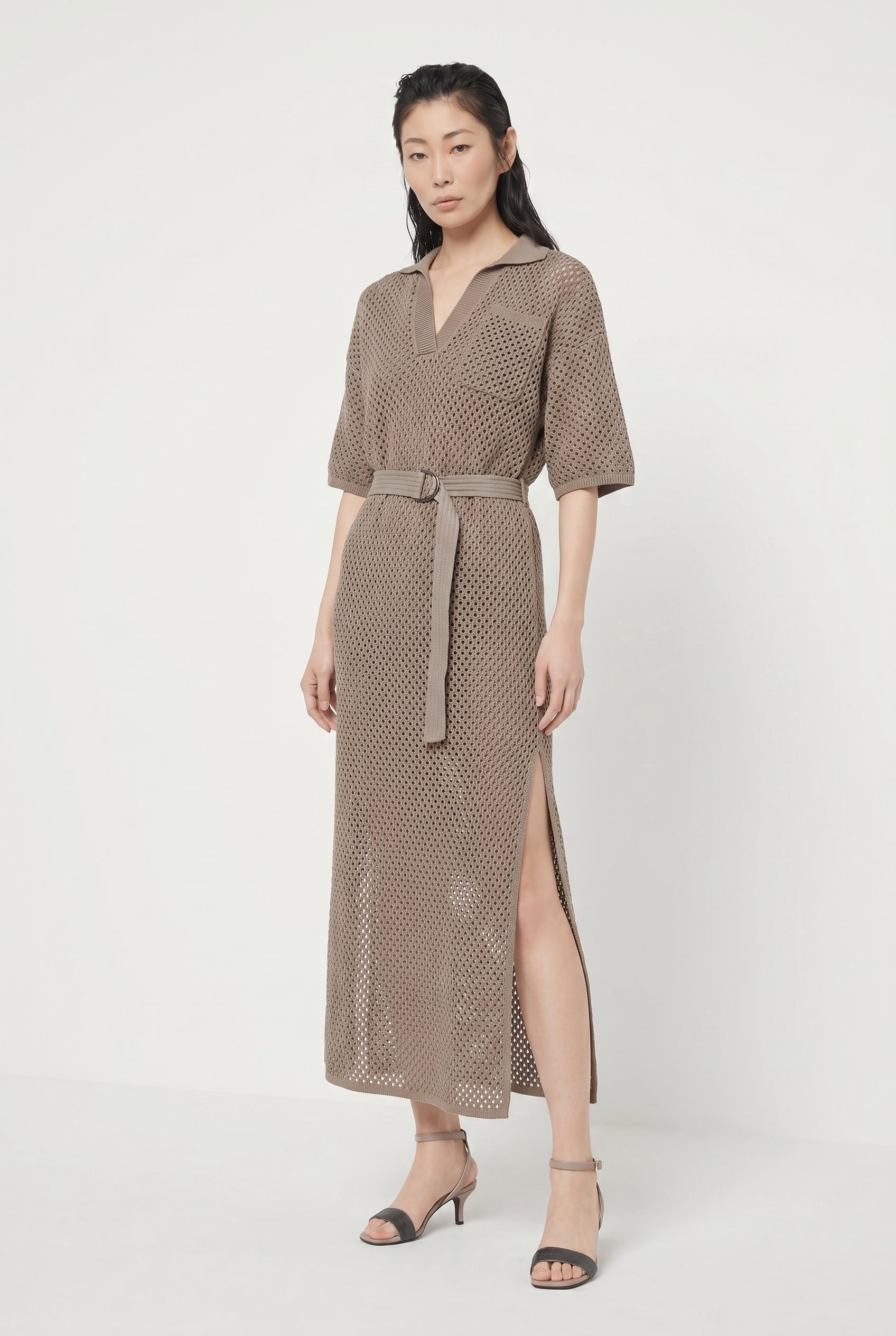 BRUNELLO CUCINELLI WOMEN'S TAUPE BELTED OPENWORK DRESS
