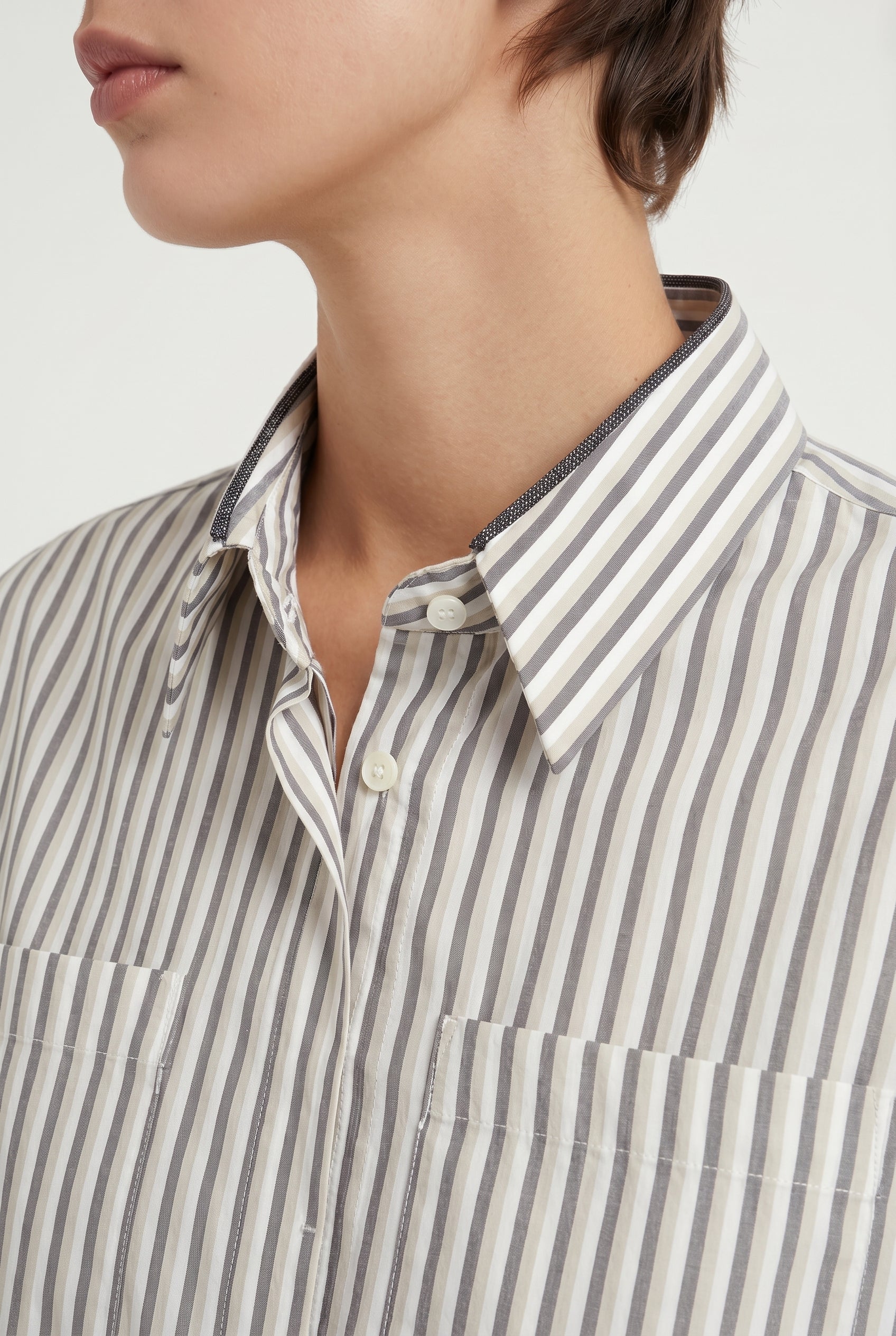BRUNELLO CUCINELLI WOMEN'S BEIGE STRIPED SILK SHIRT