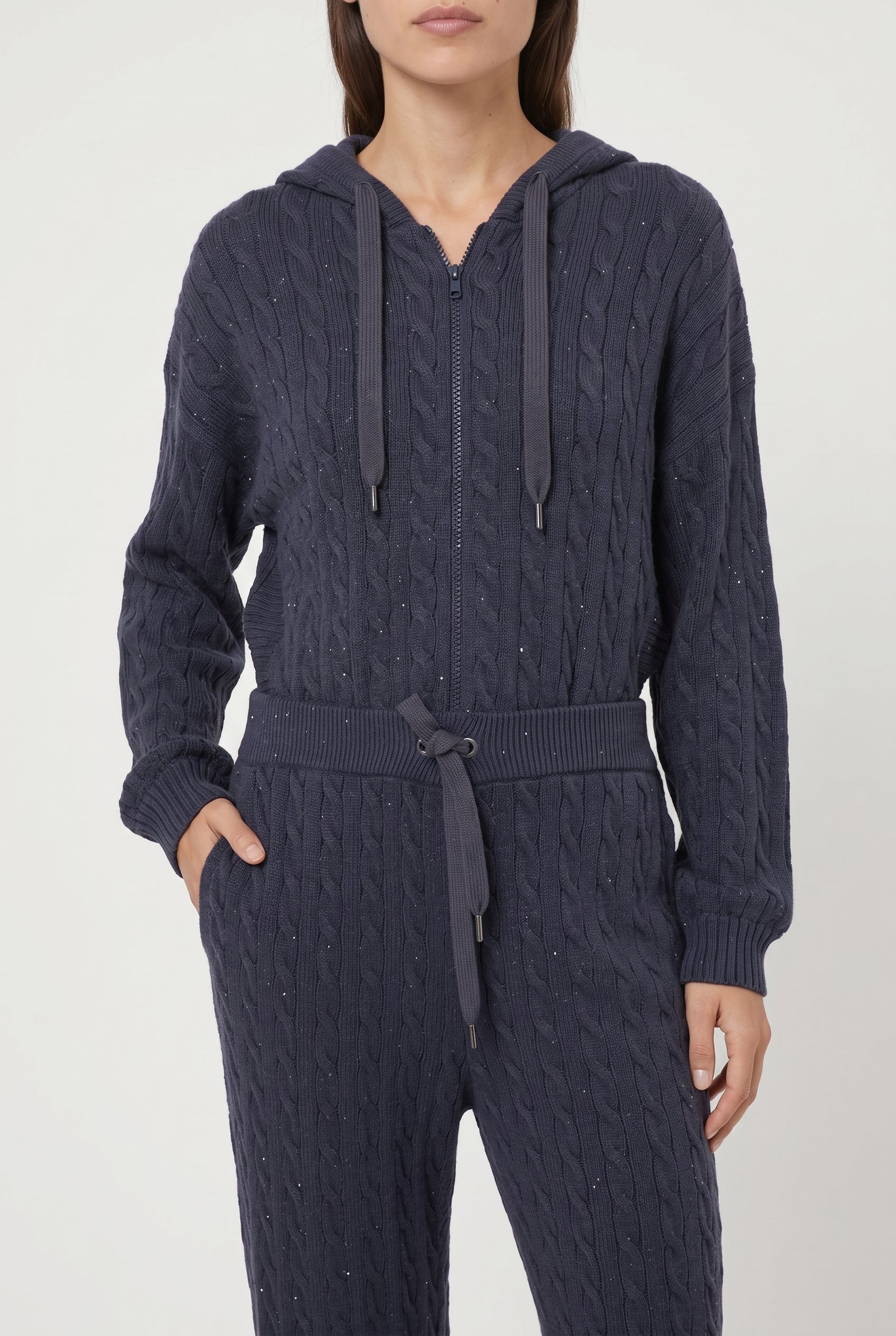 BRUNELLO CUCINELLI WOMEN'S DARK BLUE CABLE KNIT TROUSERS