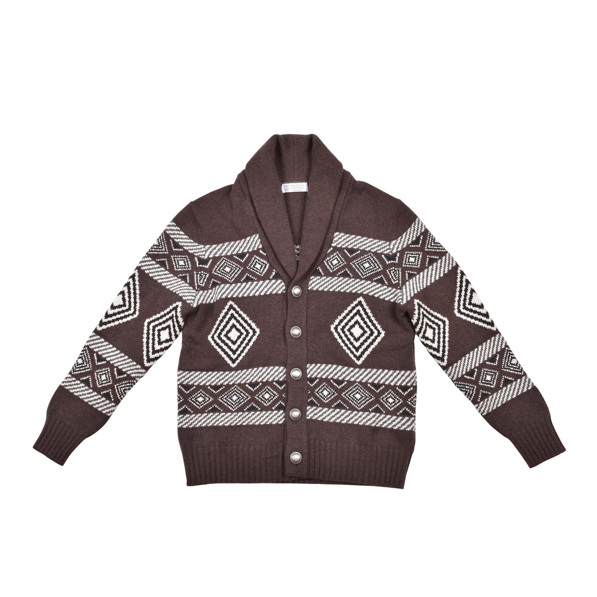 BRUNELLO CUCINELLI MEN'S BROWN CASHMERE PATTERNED CARDIGAN SWEATER