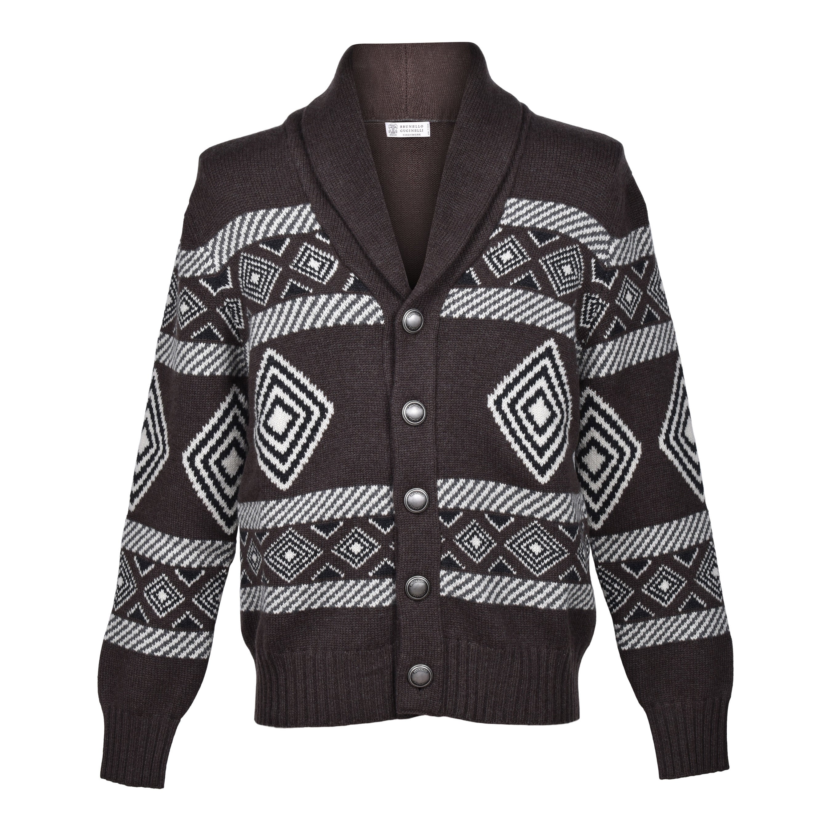 BRUNELLO CUCINELLI MEN'S BROWN CASHMERE PATTERNED CARDIGAN SWEATER