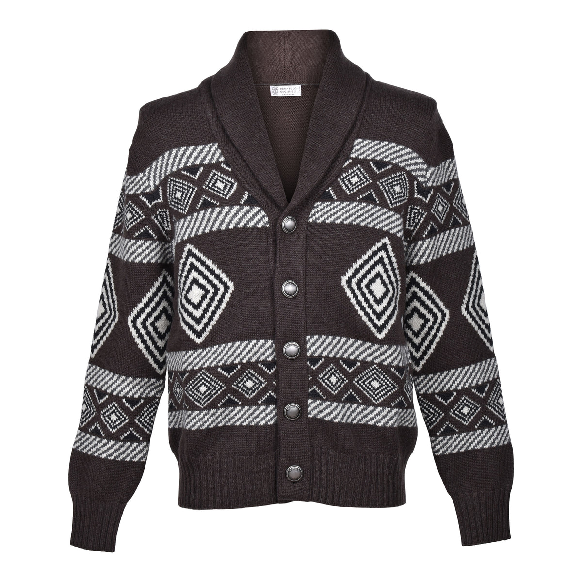 BRUNELLO CUCINELLI MEN'S BROWN CASHMERE PATTERNED CARDIGAN SWEATER