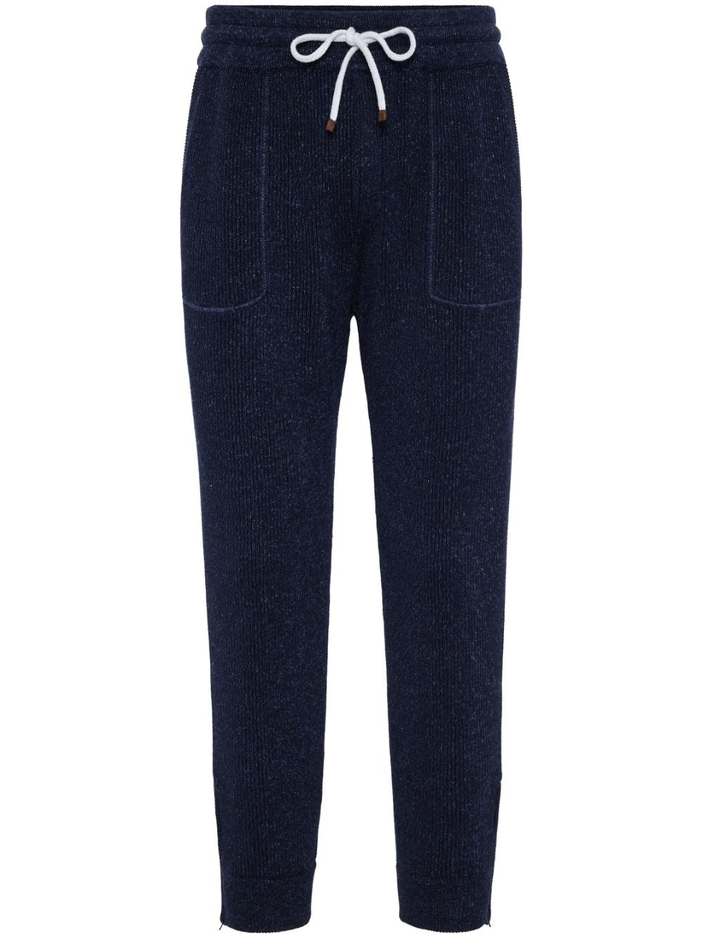 BRUNELLO CUCINELLI MEN'S NAVY COTTON LINEN RIBBED JOGGER TROUSERS