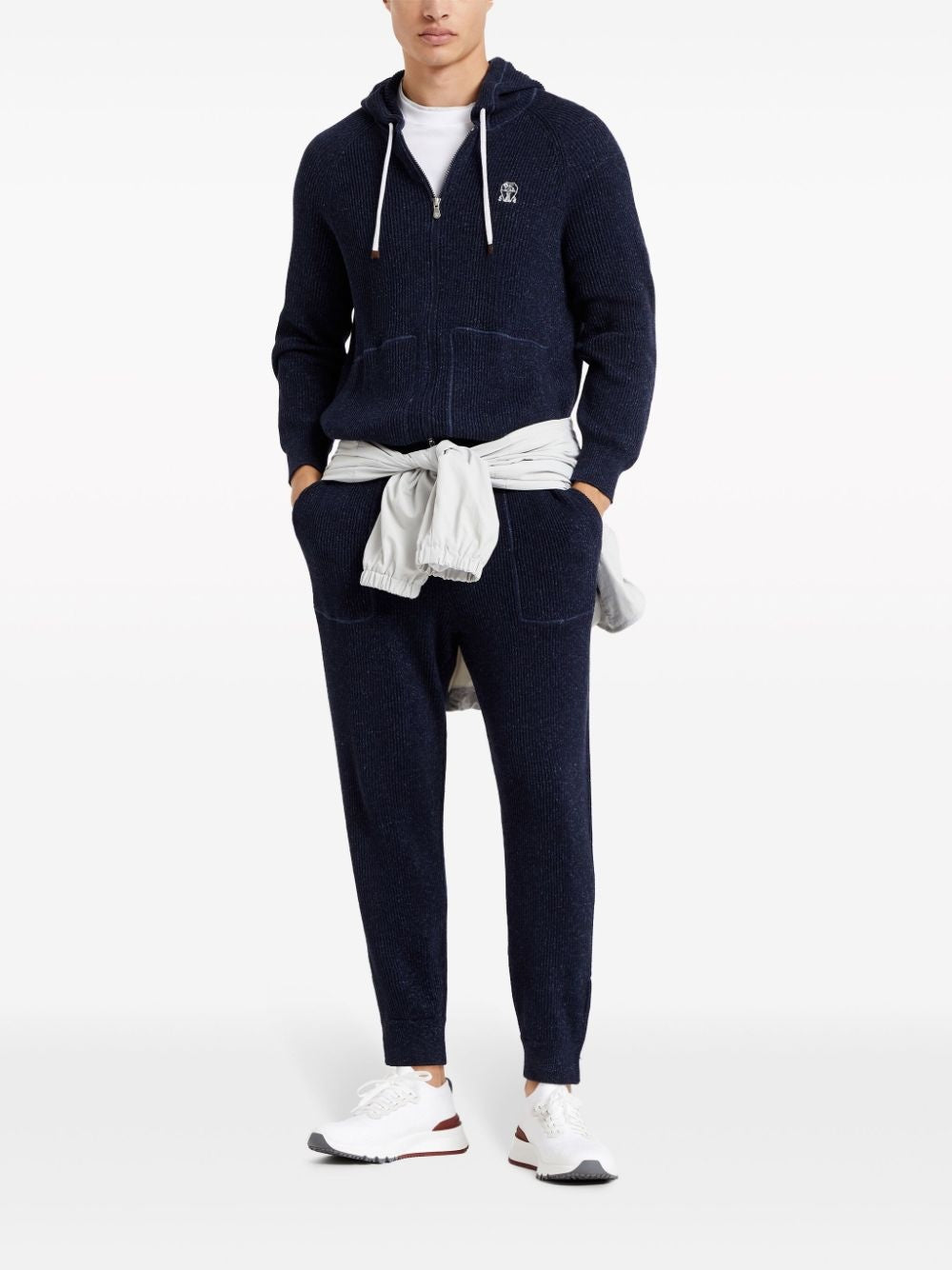 BRUNELLO CUCINELLI MEN'S NAVY COTTON LINEN RIBBED JOGGER TROUSERS