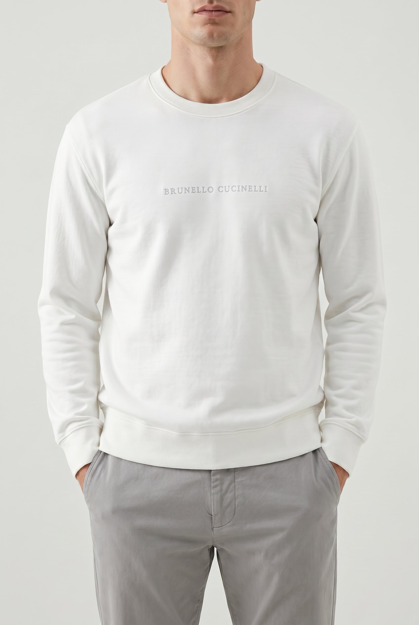 BRUNELLO CUCINELLI MEN'S WHITE COTTON CREWNECK SWEATER