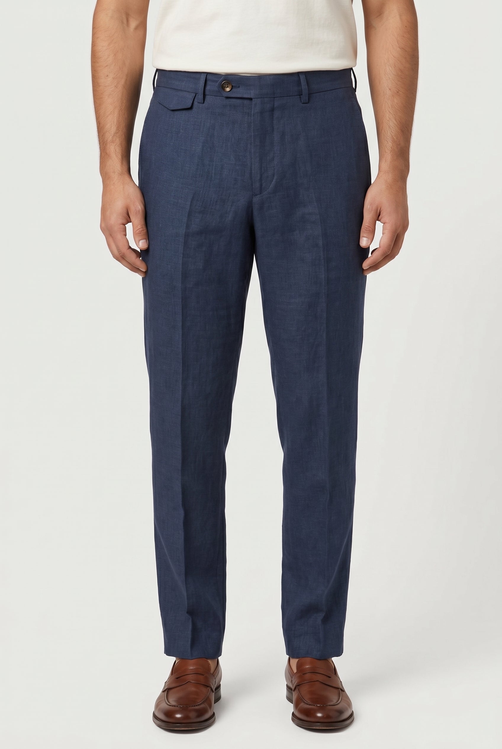 BRUNELLO CUCINELLI MEN'S BLUE LINEN TAILORED TROUSERS