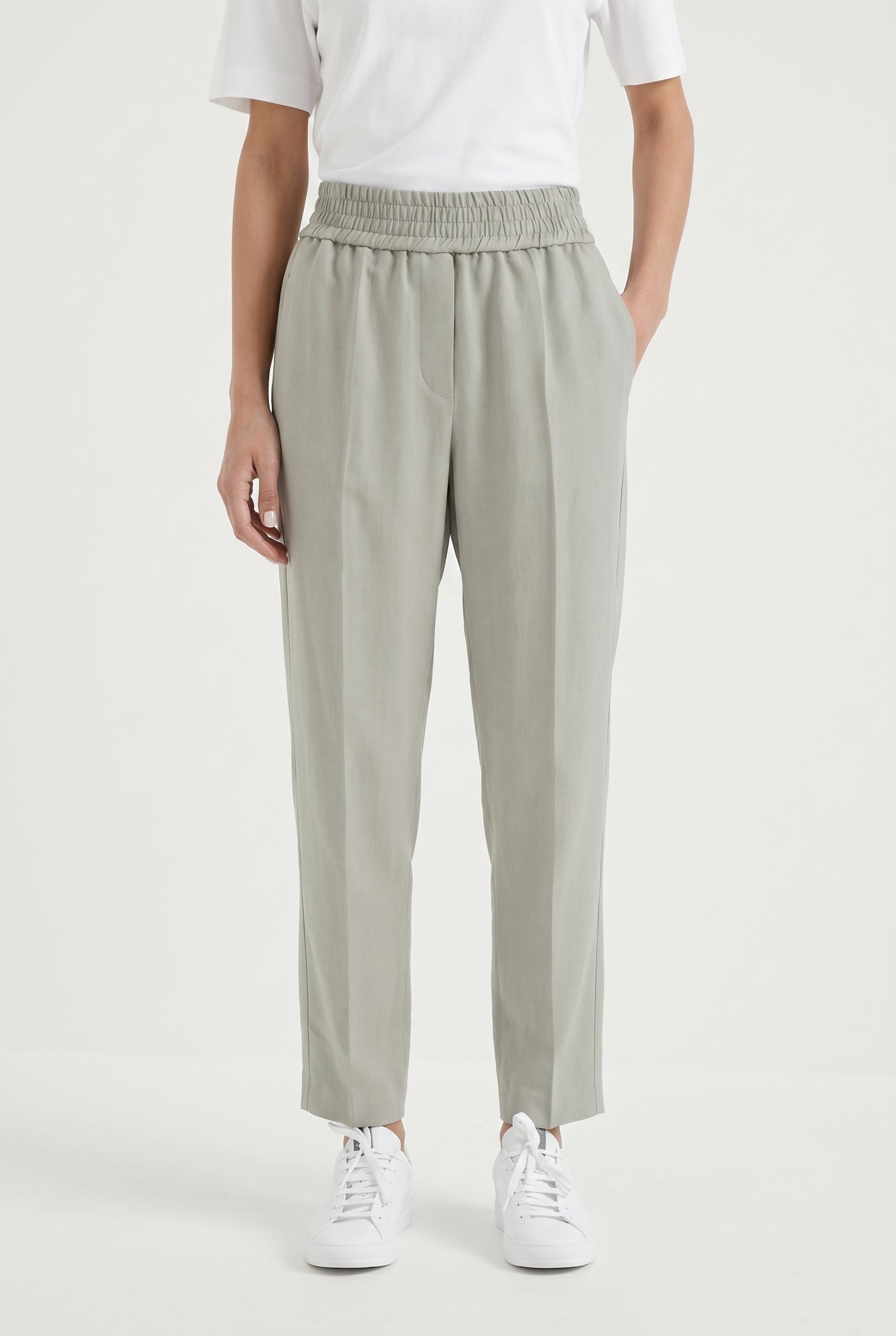 BRUNELLO CUCINELLI WOMEN'S LIGHT GREY RELAXED LINEN TROUSERS