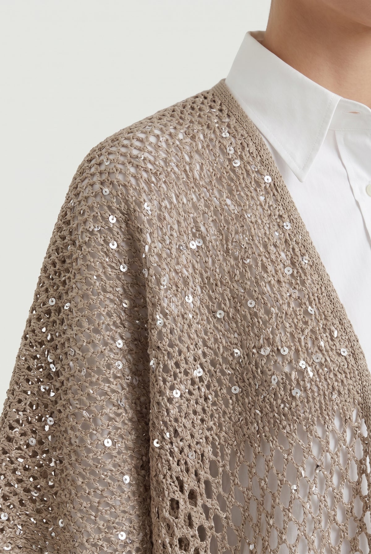 BRUNELLO CUCINELLI WOMEN'S LIGHT BROWN OPEN KNIT SWEATER