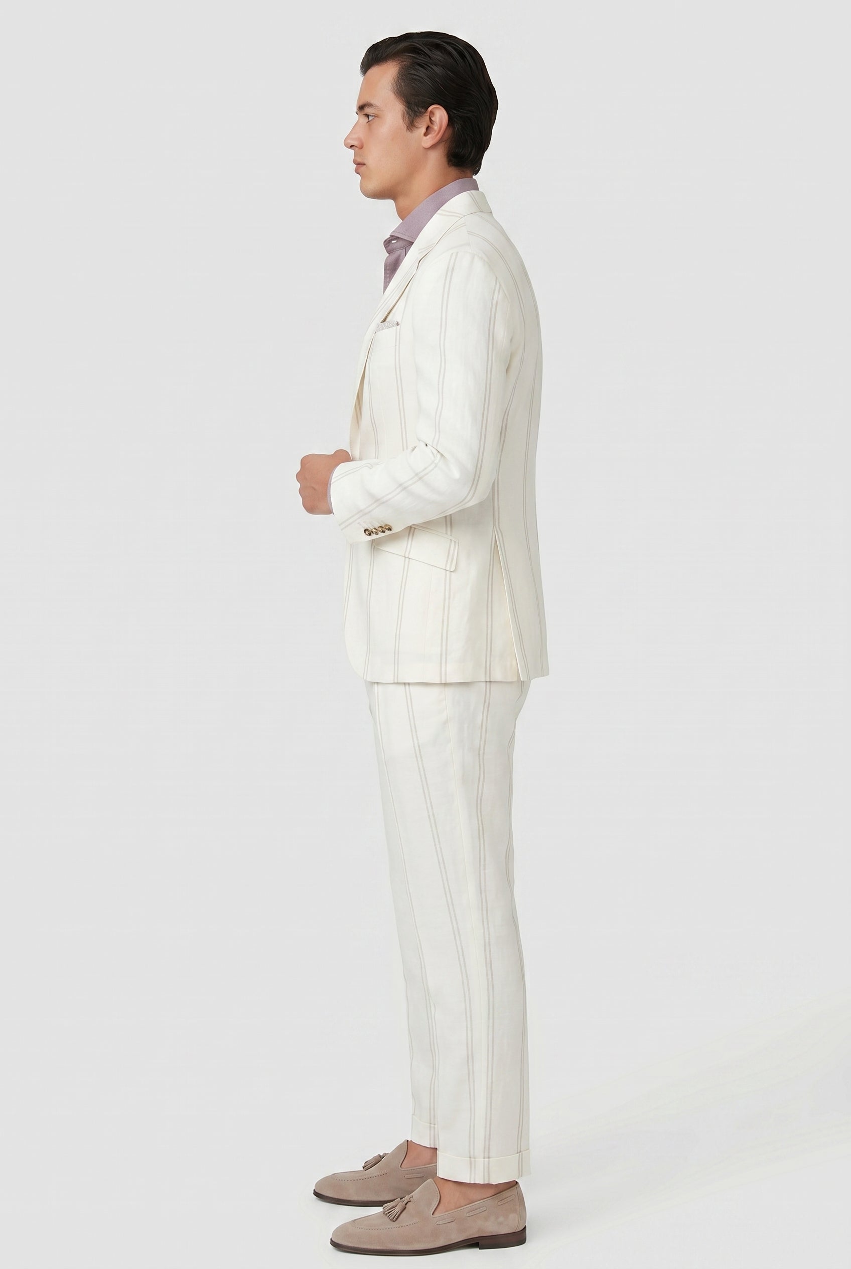 BRUNELLO CUCINELLI MEN'S IVORY LINEN WOOL BLEND SUIT