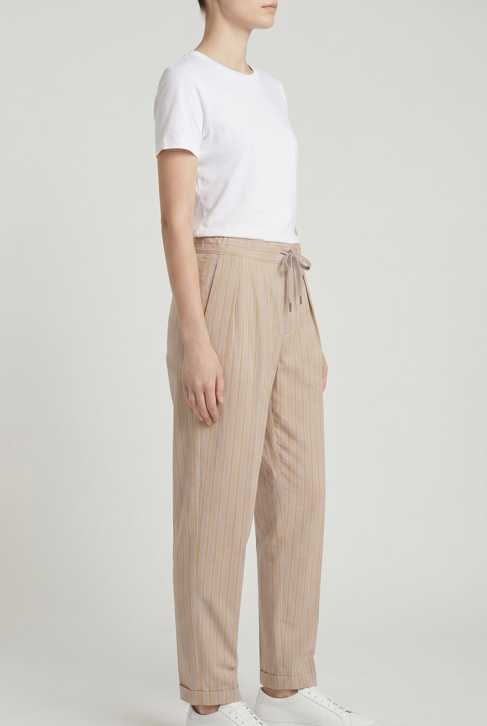 BRUNELLO CUCINELLI WOMEN'S BEIGE STRIPED RELAXED TROUSERS