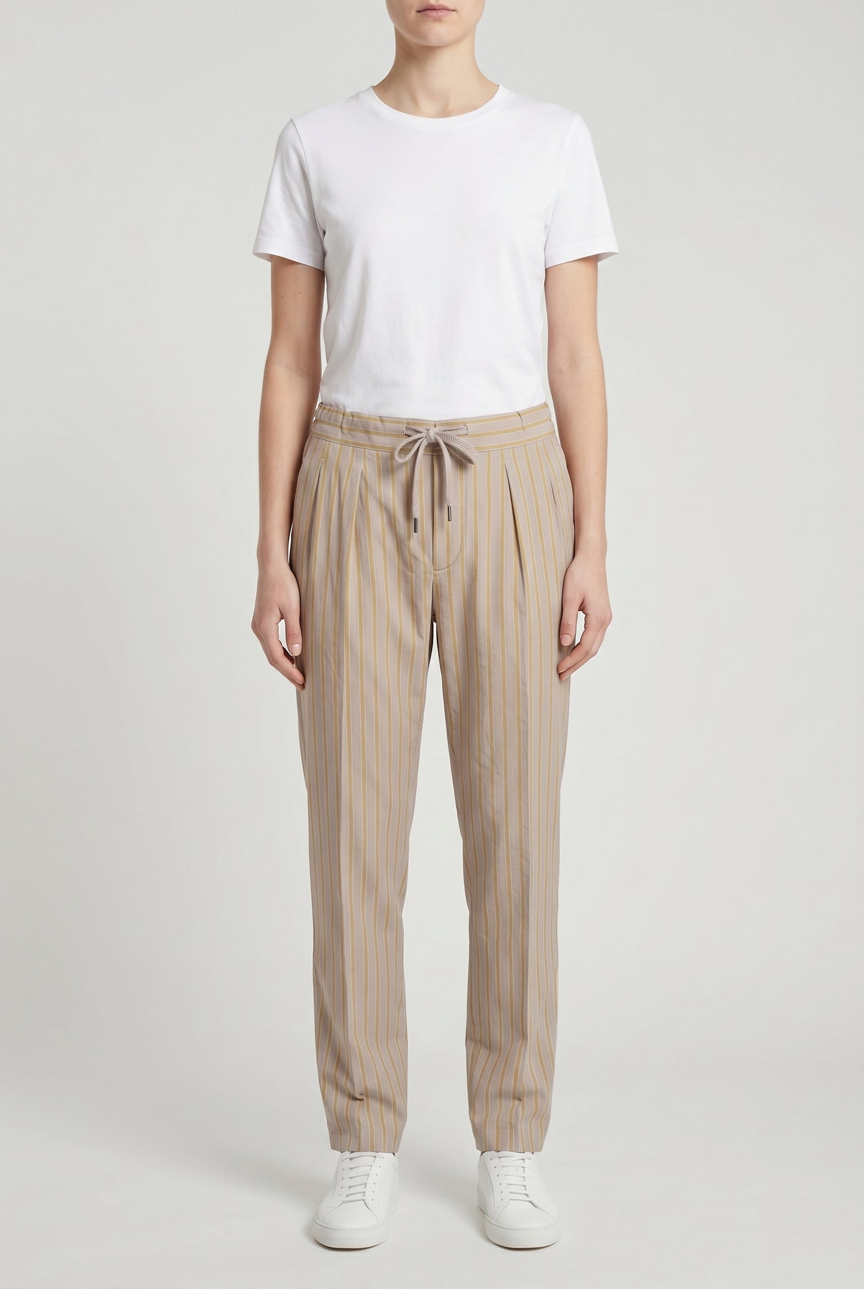 BRUNELLO CUCINELLI WOMEN'S BEIGE STRIPED RELAXED TROUSERS