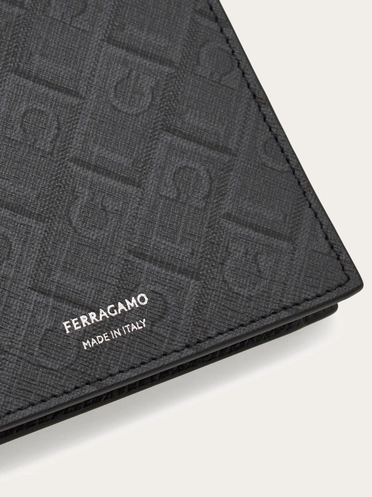 FERRAGAMO MEN'S BLACK EMBOSSED FABRIC WALLET