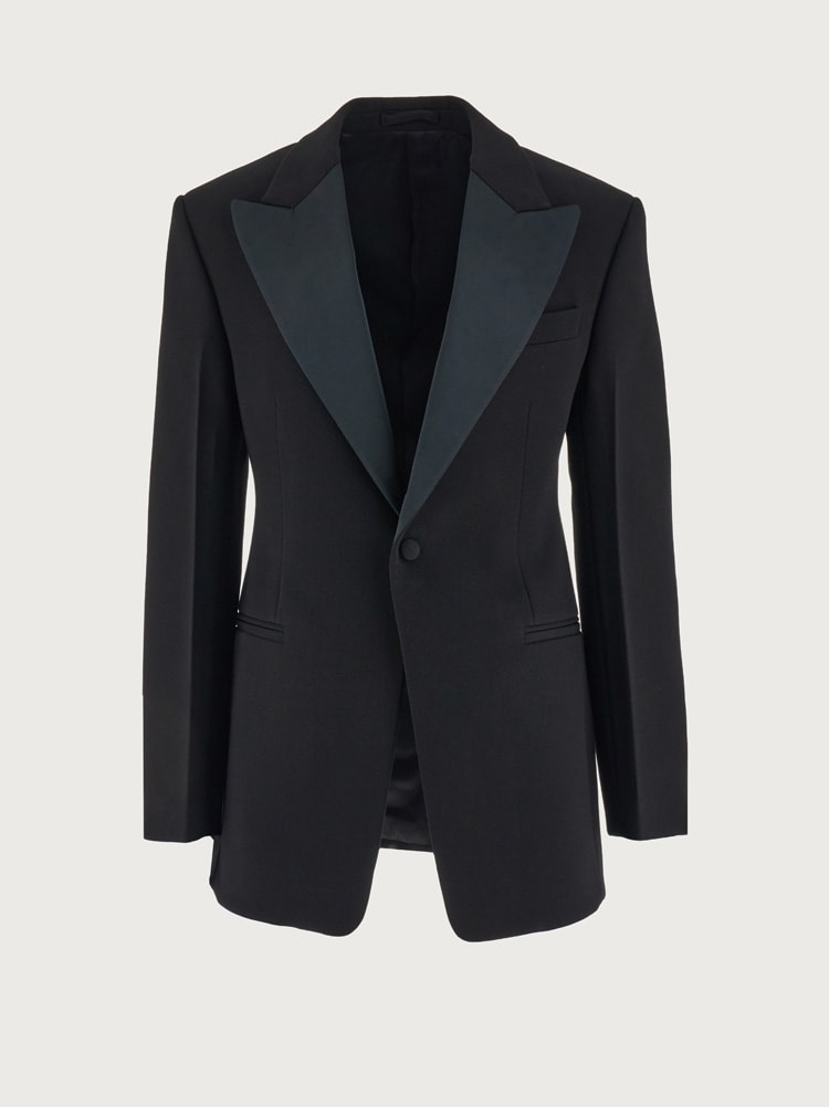 FERRAGAMO MEN'S BLACK WOOL PEAK LAPEL JACKET