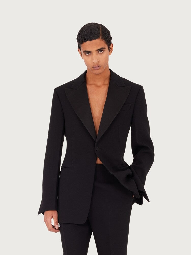 FERRAGAMO MEN'S BLACK WOOL PEAK LAPEL JACKET