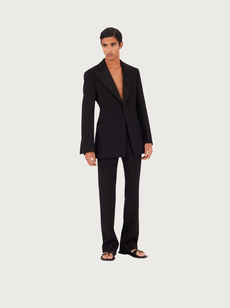 FERRAGAMO MEN'S BLACK WOOL PEAK LAPEL JACKET