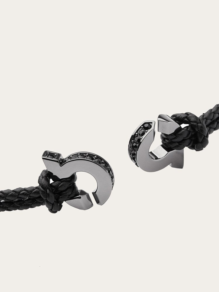 FERRAGAMO MEN'S BLACK BRAIDED LEATHER BRACELET