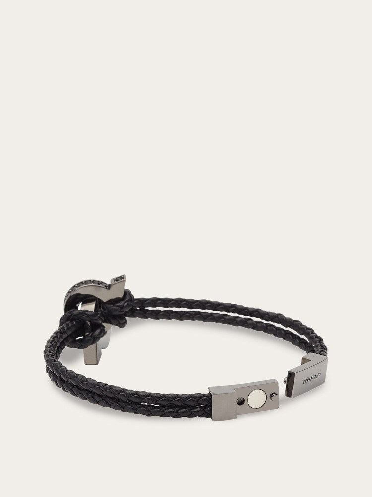 FERRAGAMO MEN'S BLACK BRAIDED LEATHER BRACELET