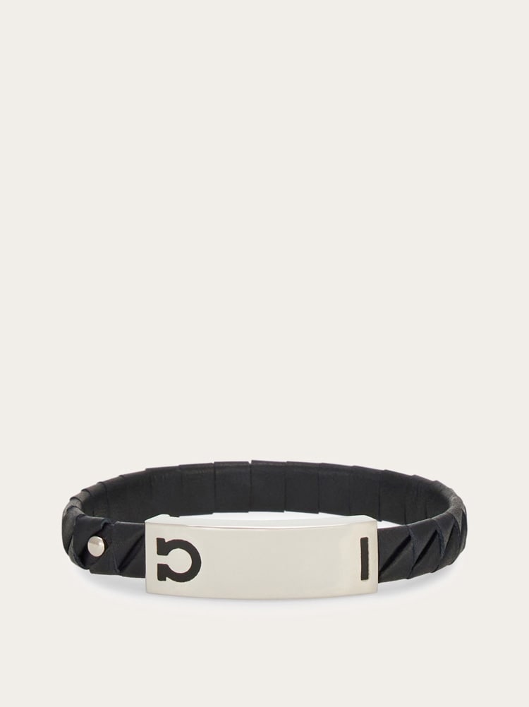FERRAGAMO MEN'S BLACK LEATHER BRASS BRACELET