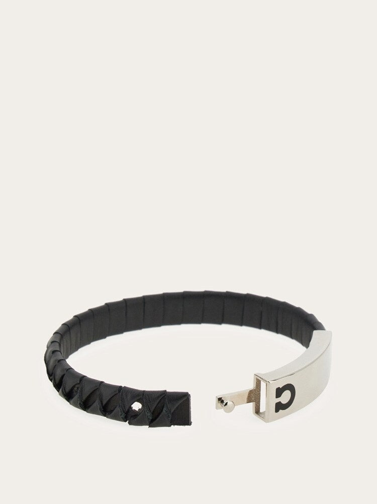 FERRAGAMO MEN'S BLACK LEATHER BRASS BRACELET