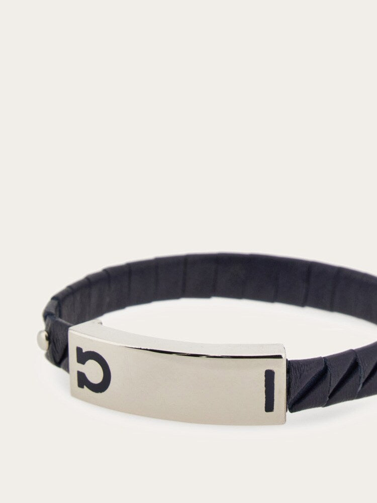 FERRAGAMO MEN'S BLACK LEATHER BRASS BRACELET