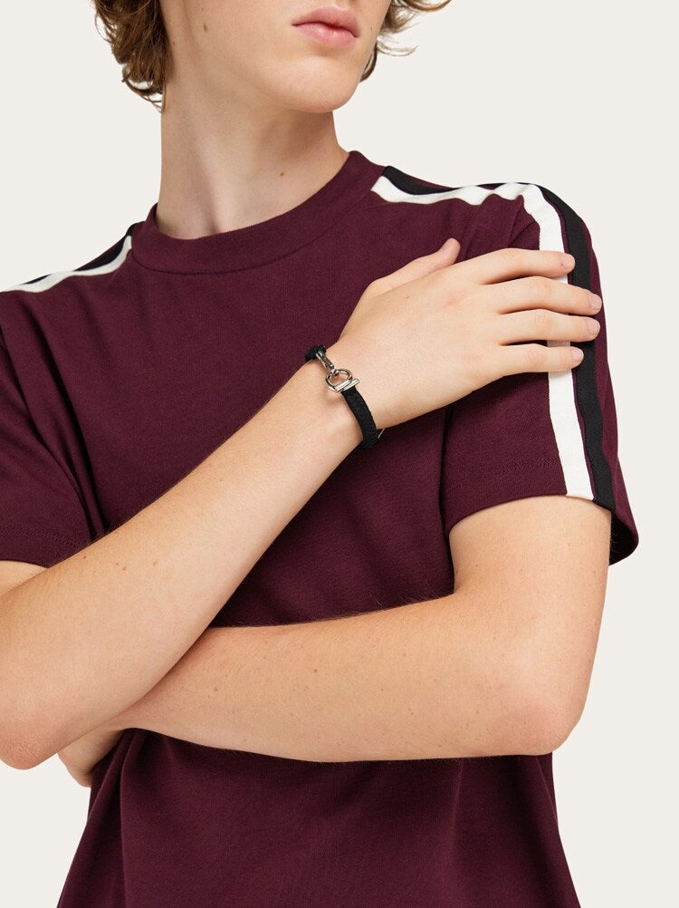 FERRAGAMO MEN'S BLACK LEATHER BRAIDED BRACELET
