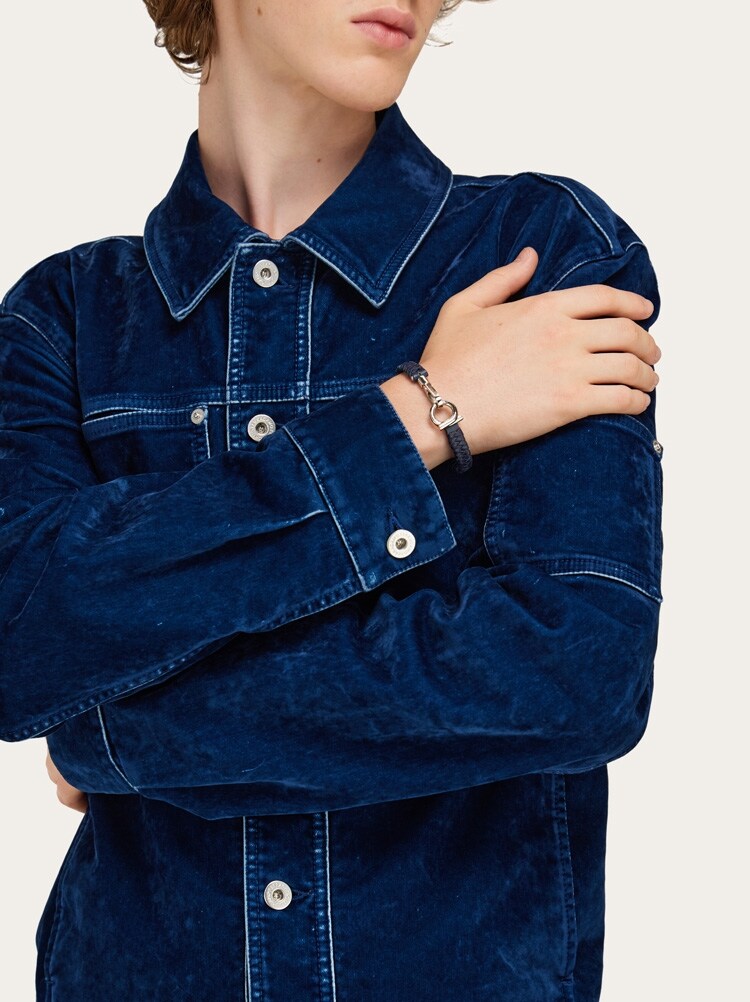 FERRAGAMO MEN'S NAVY BRAIDED LEATHER BRACELET