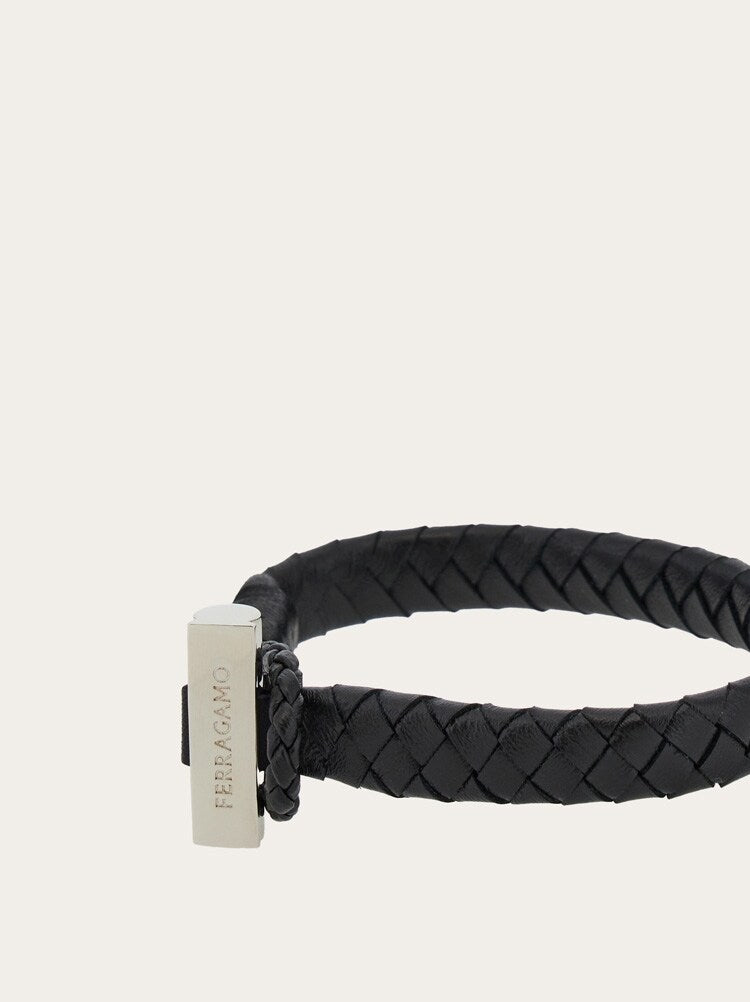FERRAGAMO MEN'S BLACK BRAIDED LEATHER BRACELET