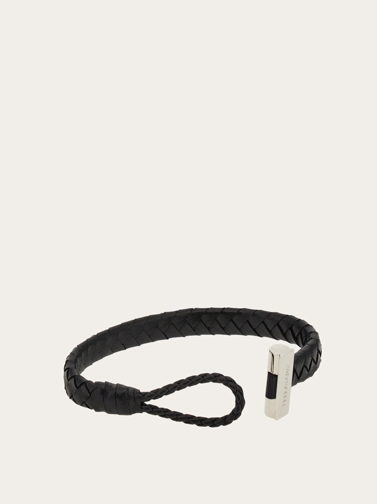 FERRAGAMO MEN'S BLACK BRAIDED LEATHER BRACELET