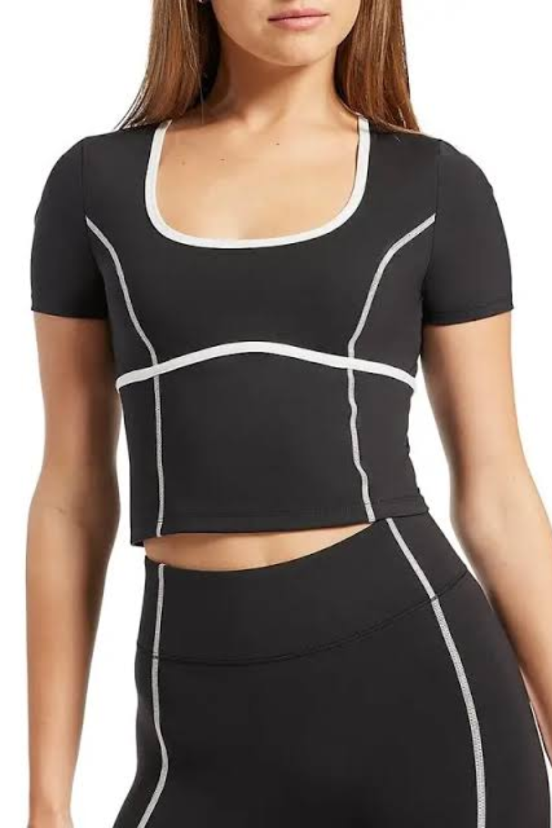Bandier Crop Contrast Seam Short Sleeve Black/White BND10164