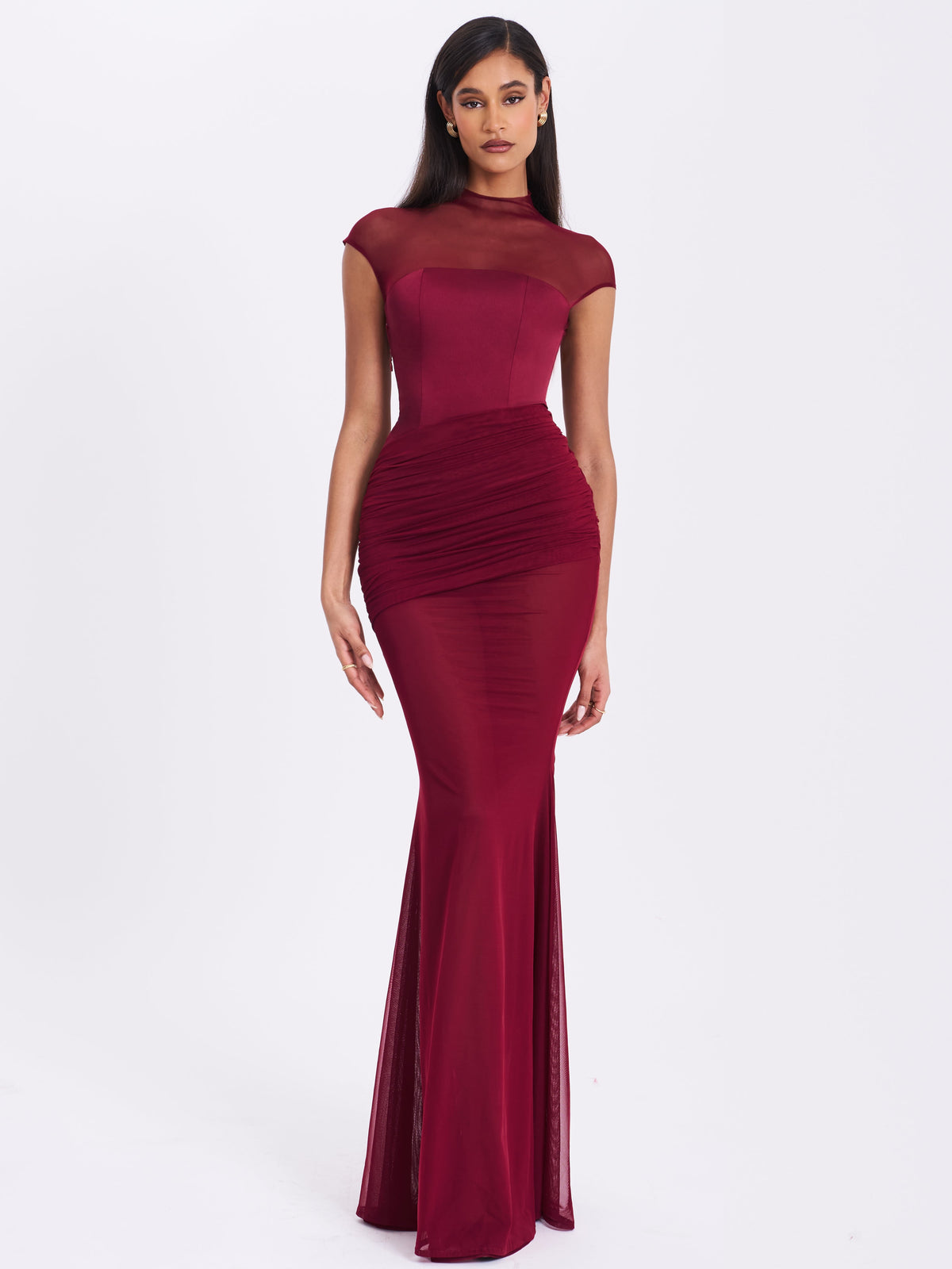 Fabienne Burgundy Mesh Cap Sleeve Mermaid Gown