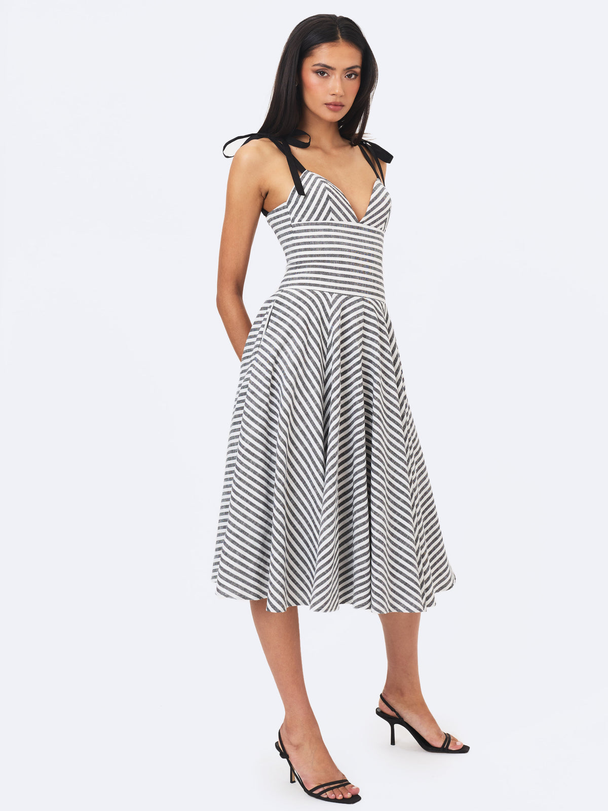 Riley Black & White Striped Linen Flared Midi Dress
