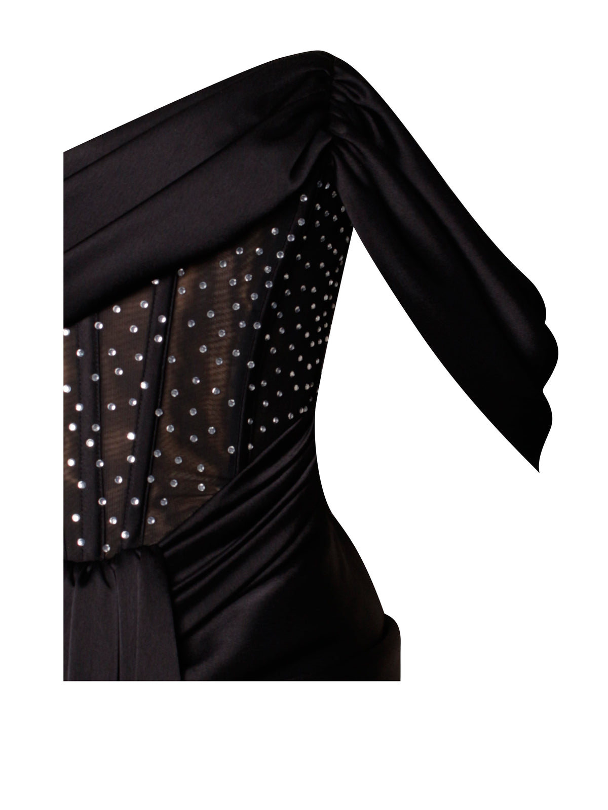Stella Black Off Shoulder Crystal Corset Satin Gown (Archive Sale)
