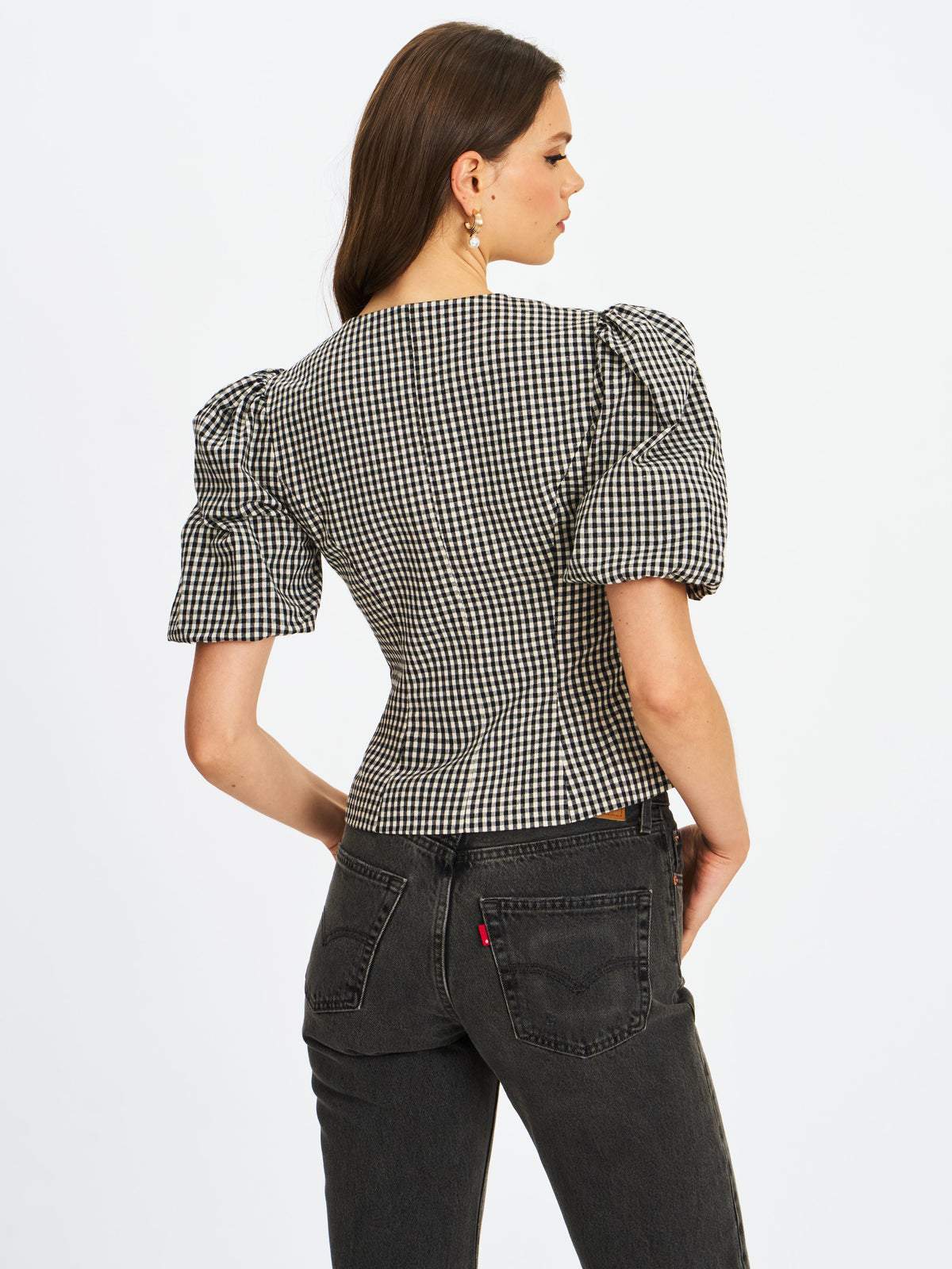 Qusayla Black Gingham Cotton Bubble Sleeve Bowtie Top