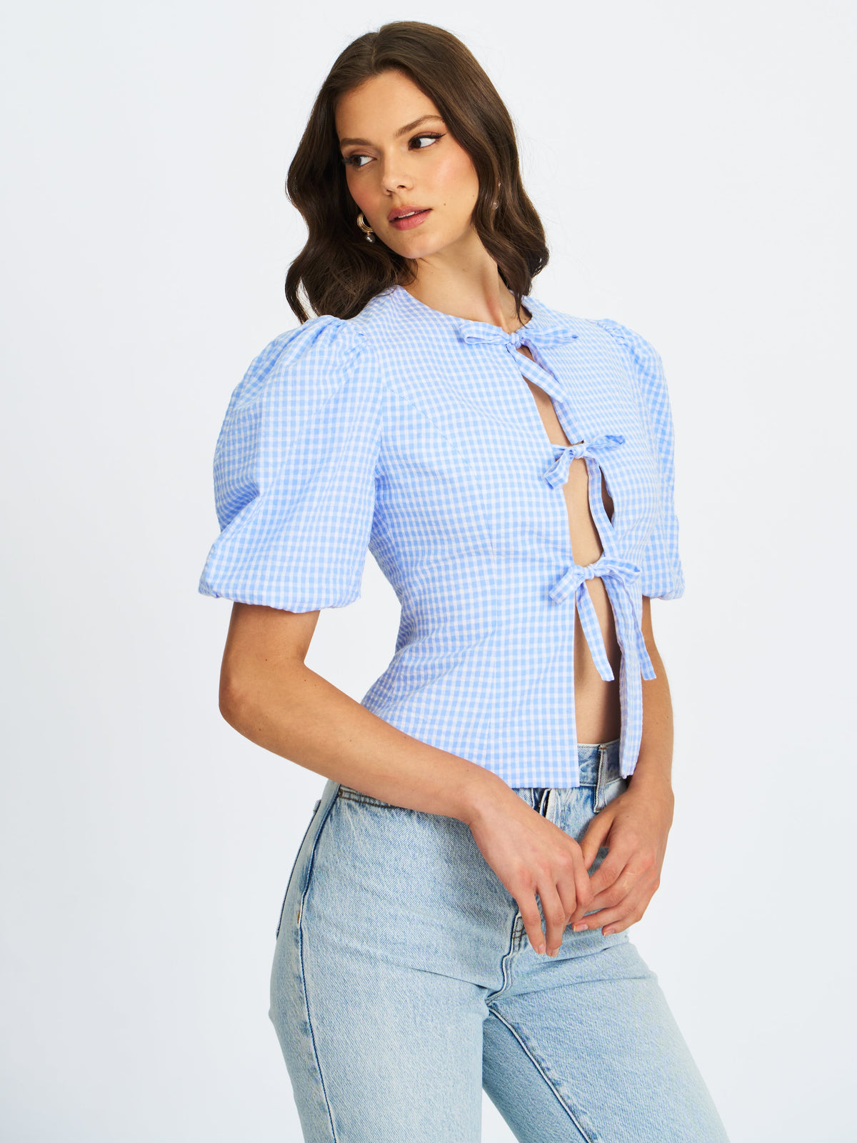 Qusayla Baby Blue Gingham Cotton Bubble Sleeve Bowtie Top