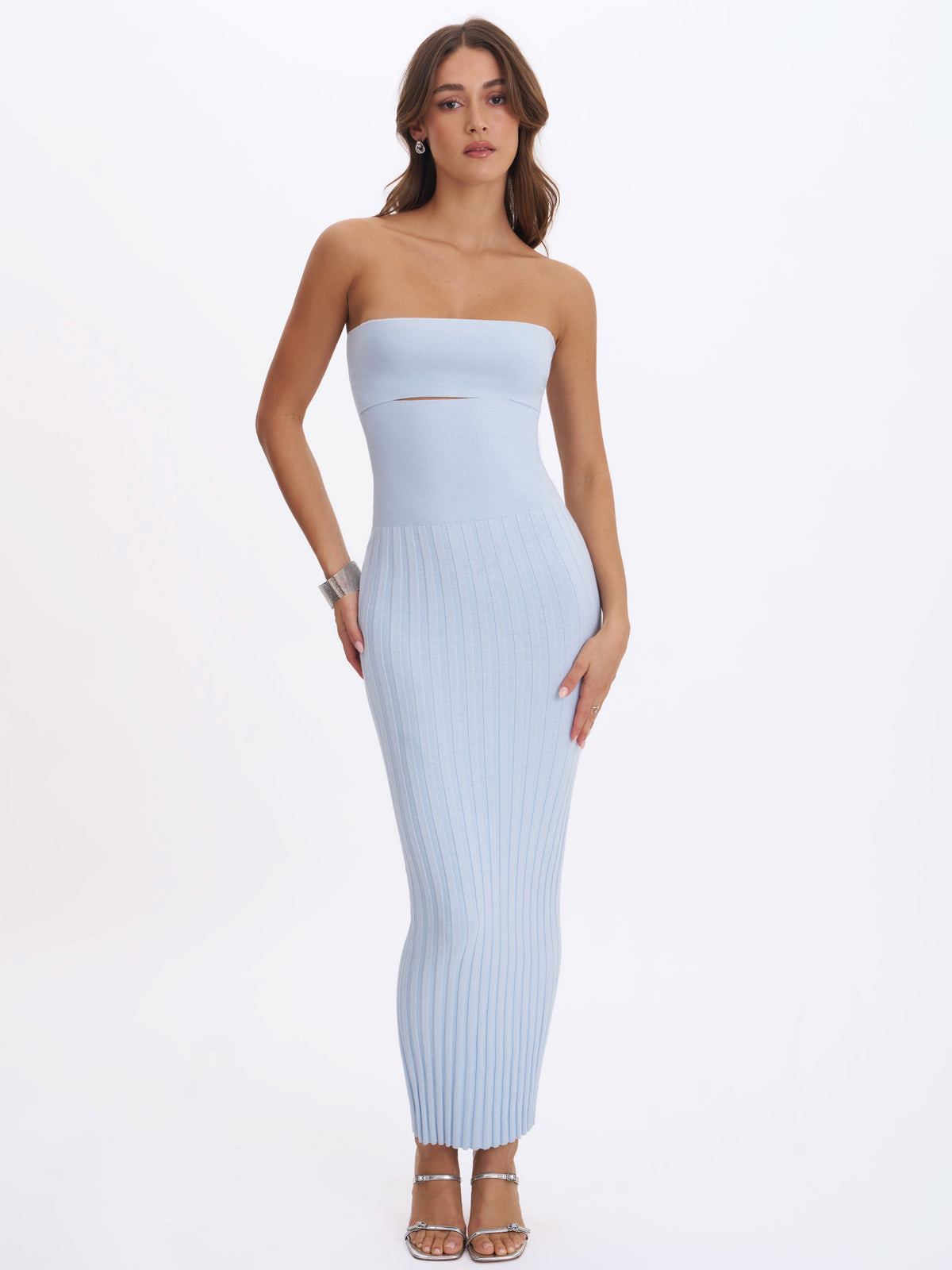 Yasmine Ice Blue Bamboo Knit Cutout Maxi Dress
