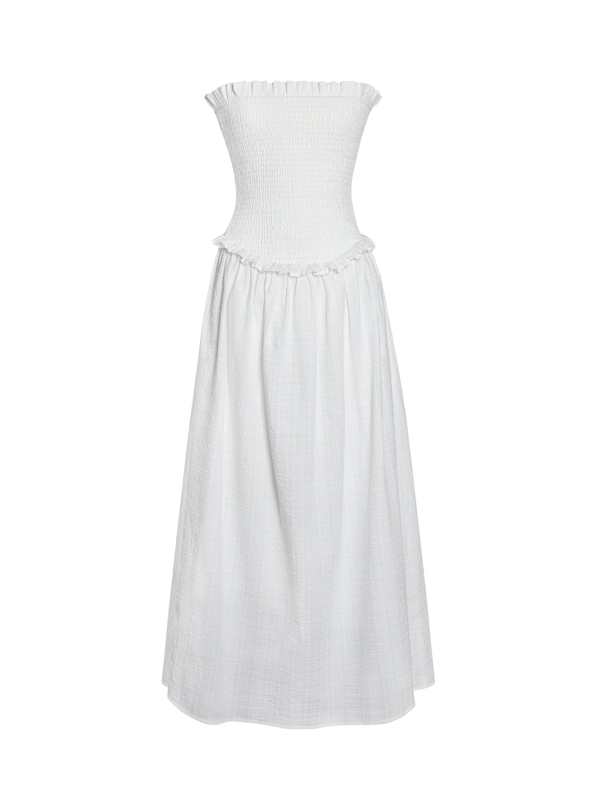 Quadiya White Cotton Seersucker Smocked Strapless Midi Dress