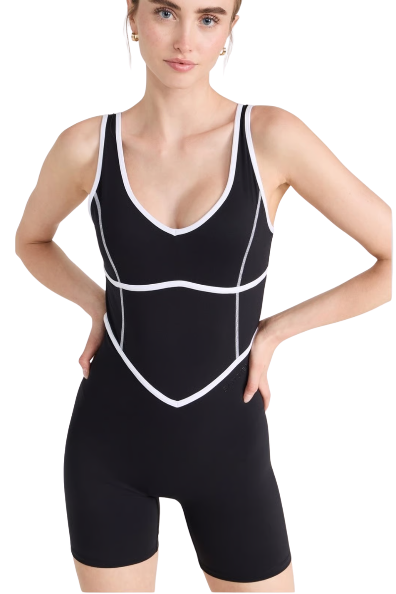 Bandier V-Neck Tempo Contrast Seam Playsuit Black/White BND10165