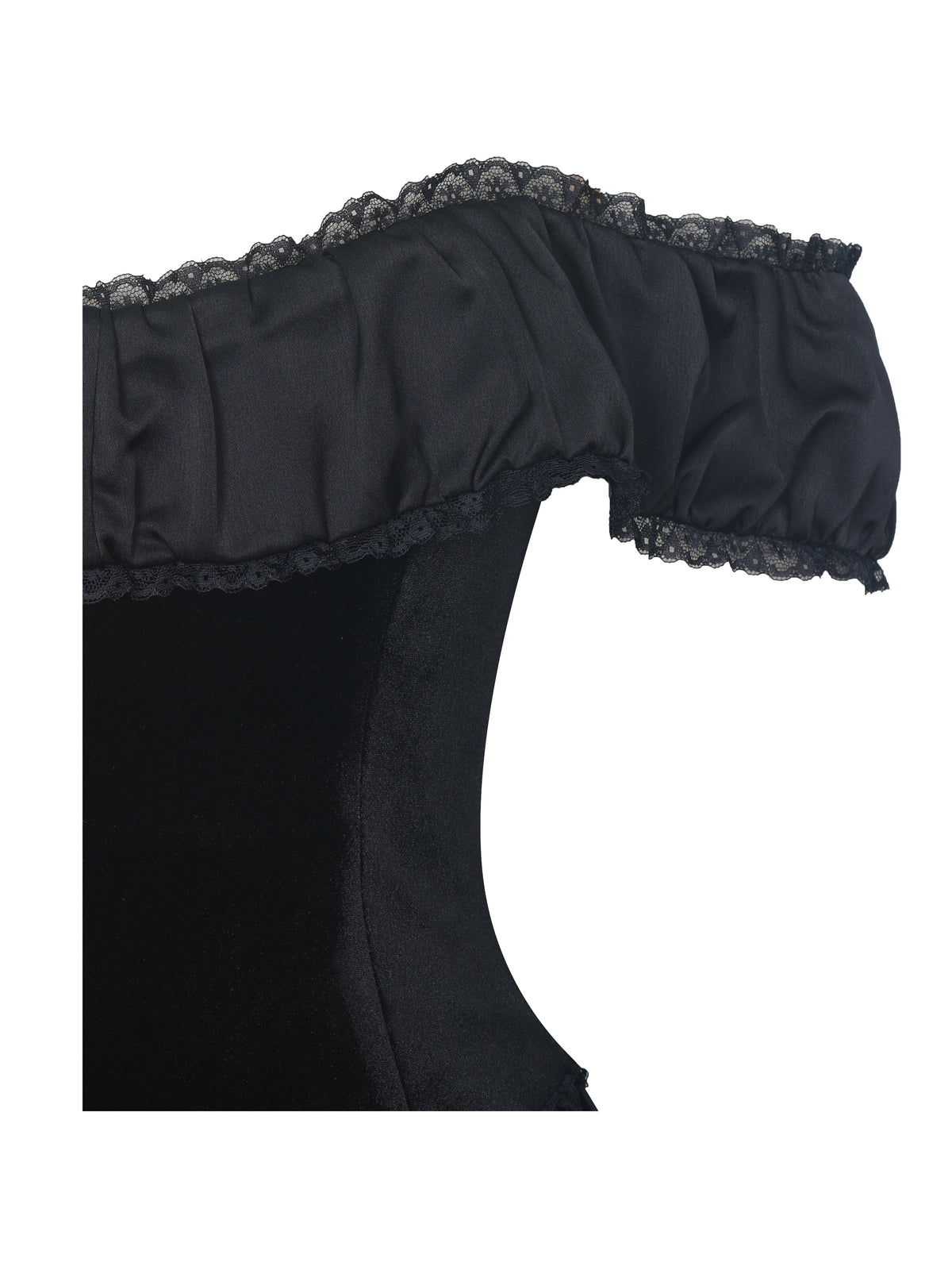 Daisha Black Lace Trimmed Off-Shoulder Ruched Mini Dress