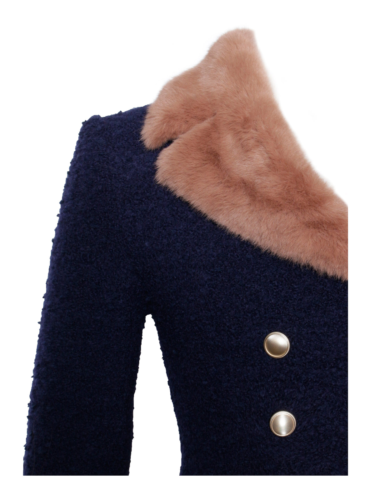 Wava Navy Blue Double Breast Fur Trim Cropped Boucle Wool Jacket (Archive Sale)