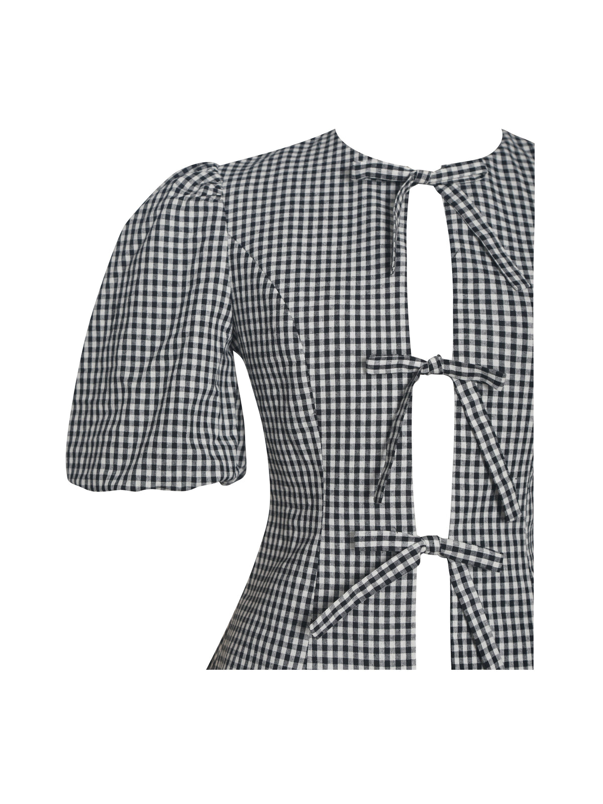 Qusayla Black Gingham Cotton Bubble Sleeve Bowtie Top