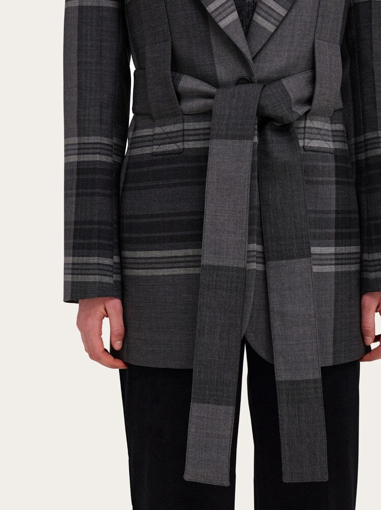 FERRAGAMO WOMEN'S GREY WOOL SILK BELTED JACKET
