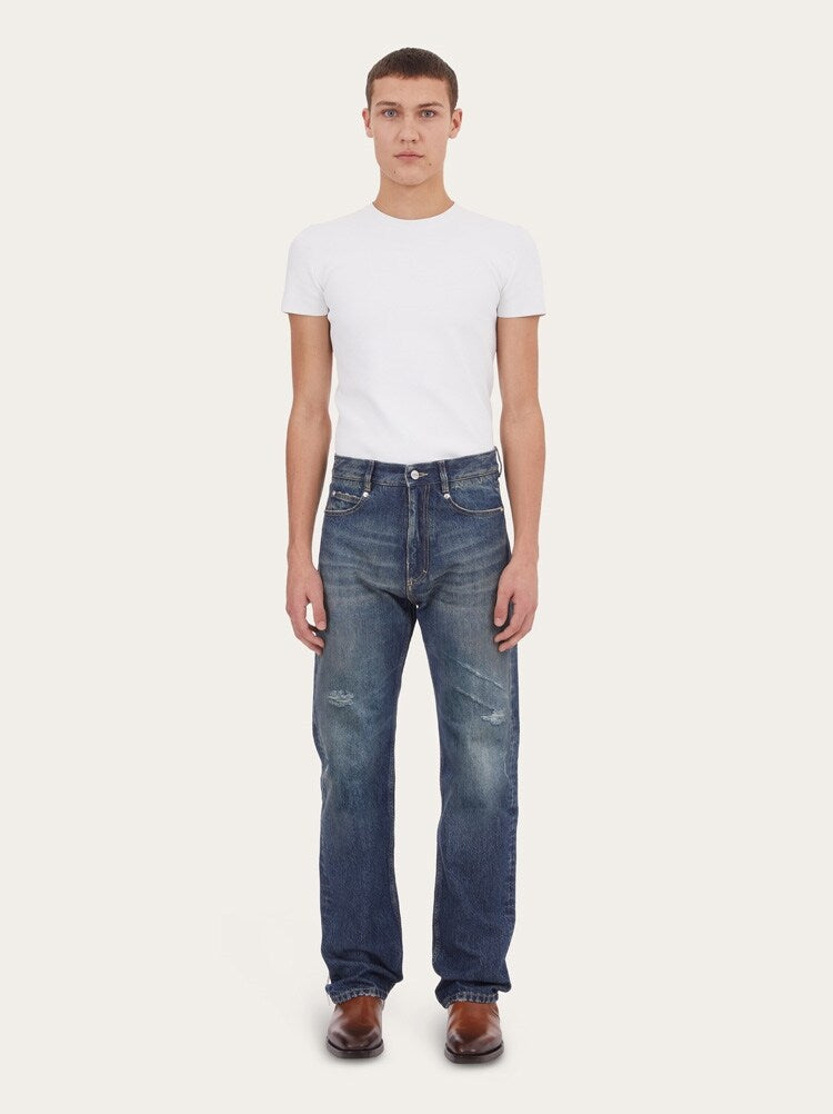 FERRAGAMO MEN'S DARK BLUE STRAIGHT TROUSERS