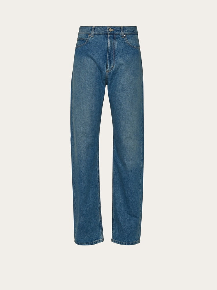 FERRAGAMO MEN'S BLUE COTTON STRAIGHT TROUSERS