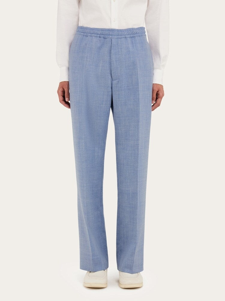 FERRAGAMO MEN'S LIGHT BLUE WOOL BLEND TROUSERS