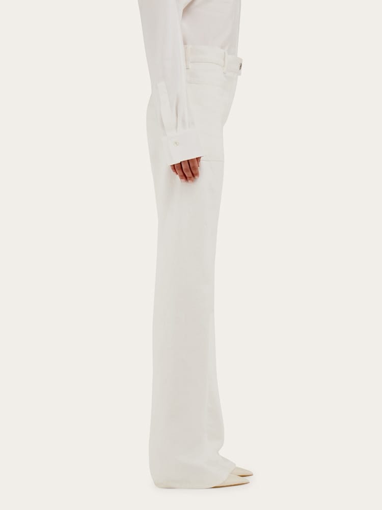 FERRAGAMO WOMEN'S OFF WHITE FLARED COTTON TROUSERS