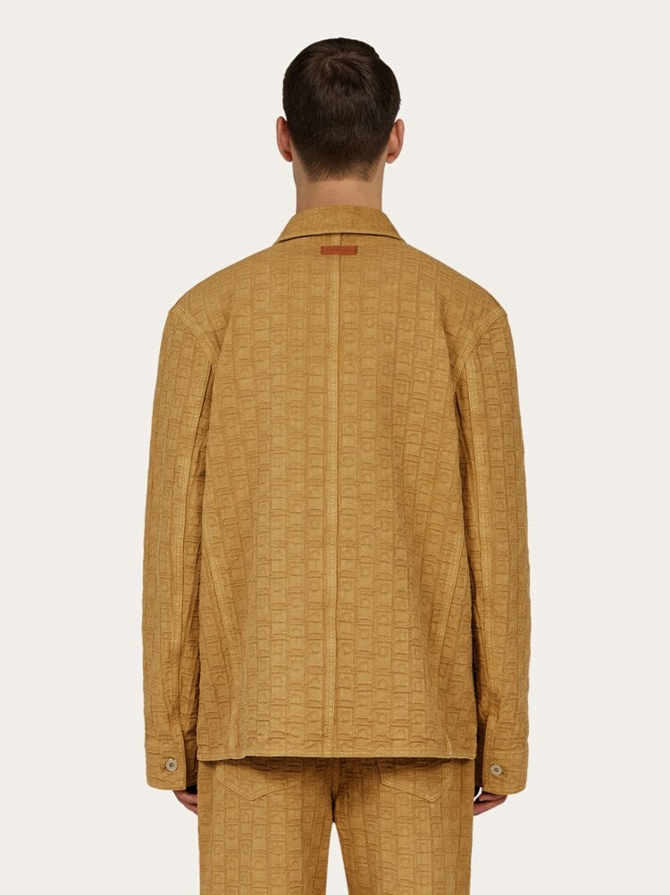 FERRAGAMO MEN'S CAMEL TEXTURED COTTON SHIRT