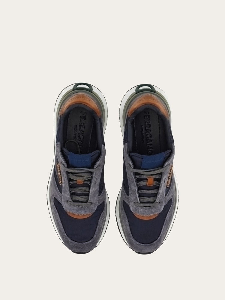 FERRAGAMO MEN'S NAVY MIXED MATERIAL SNEAKERS